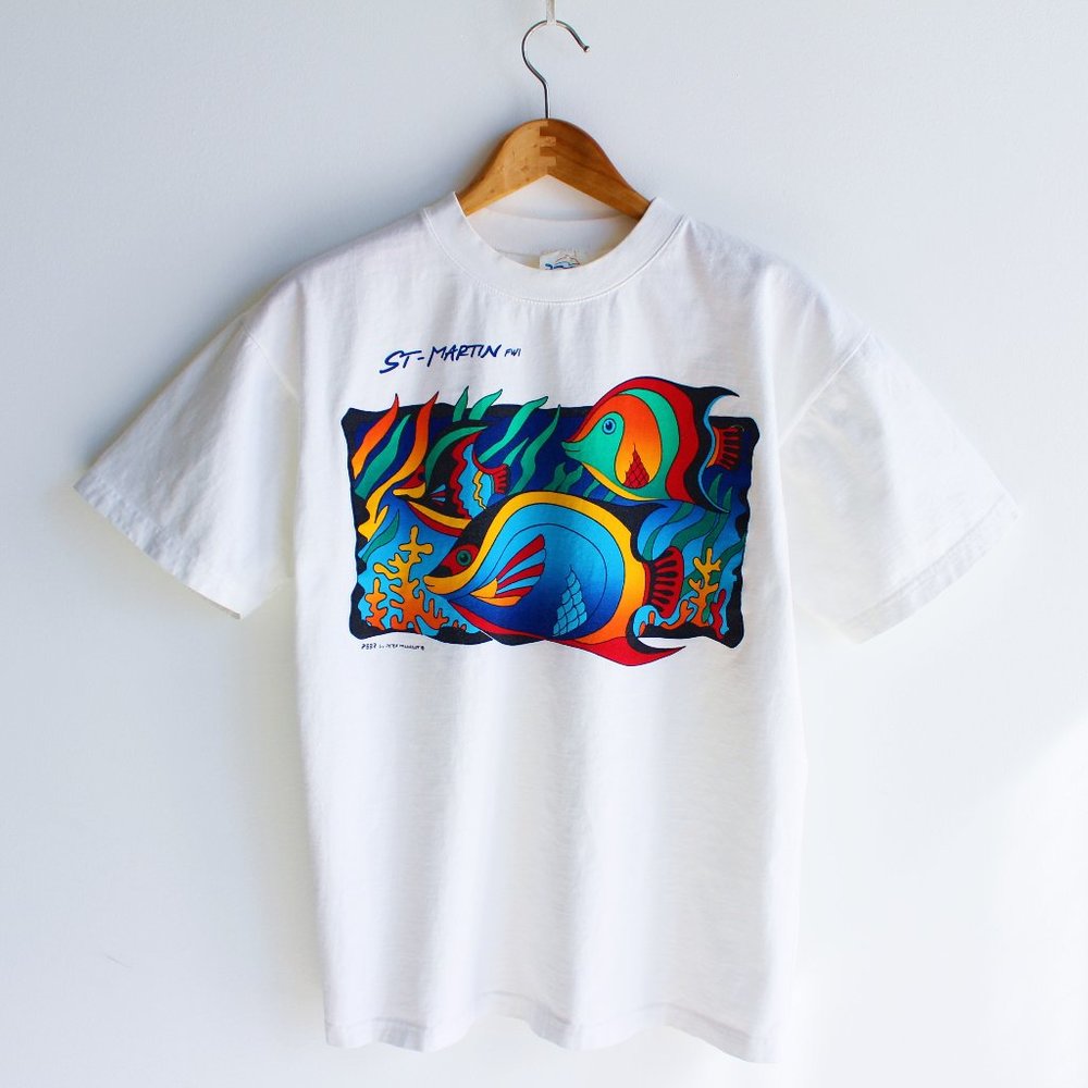 Vintage St Martin White Exotic Fish Crew Neck Tee